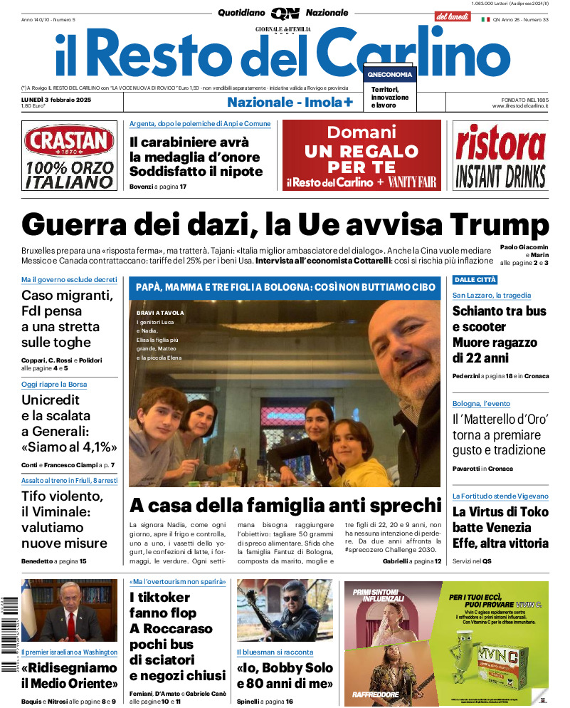 Prima-pagina-il resto del carlino-edizione-di-oggi-20250203